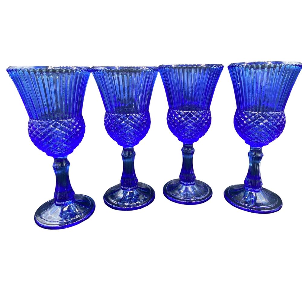 set 4 VTG Cobalt Blue Fostoria Cameo George/Martha Washington Wine Goblets - Picture 5 of 10